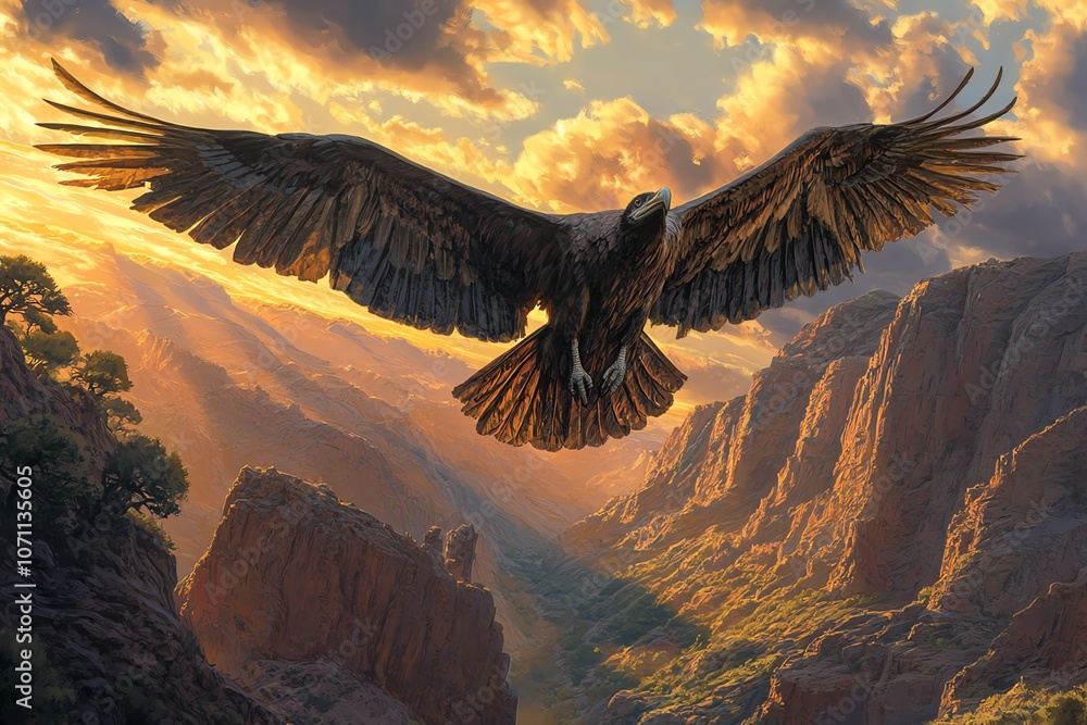 Naklejka premium An eagle soars through a canyon at sunset, its wings outstretched against the golden sky.