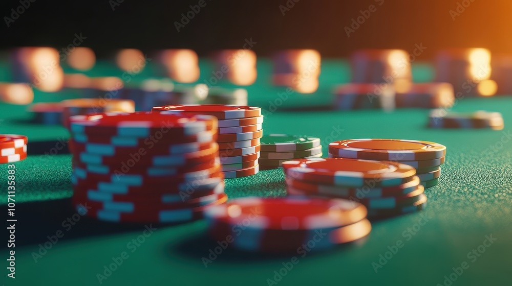 Stacked Chips on Green Felt in Spotlight Stacked Chips on Green Felt in Spotlight
