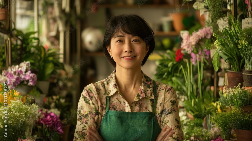 Smiling florist in a vibrant flower shop setting Smiling florist in a vibrant flower shop setting