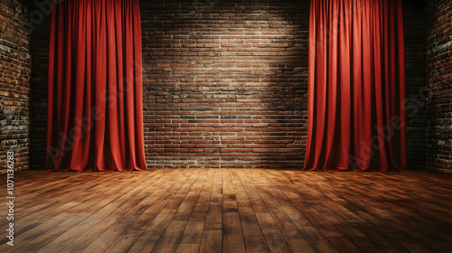 Open Mic Comedy: An empty comedy stage with a brick wall and red curtains, ready for the next stand-up performance.AI Generated 