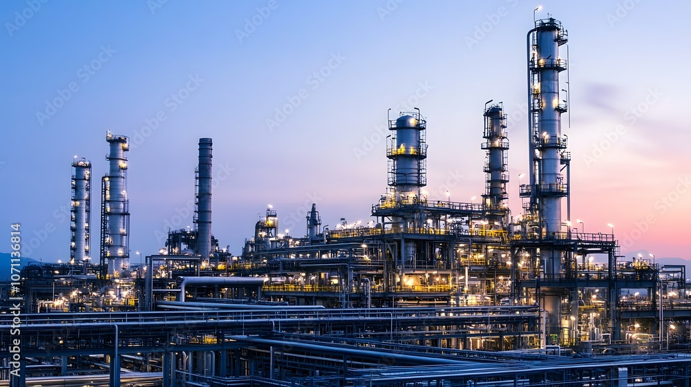 A large industrial plant with many tall towers and a beautiful sunset in the background A large industrial plant with many tall towers and a beautiful sunset in the background