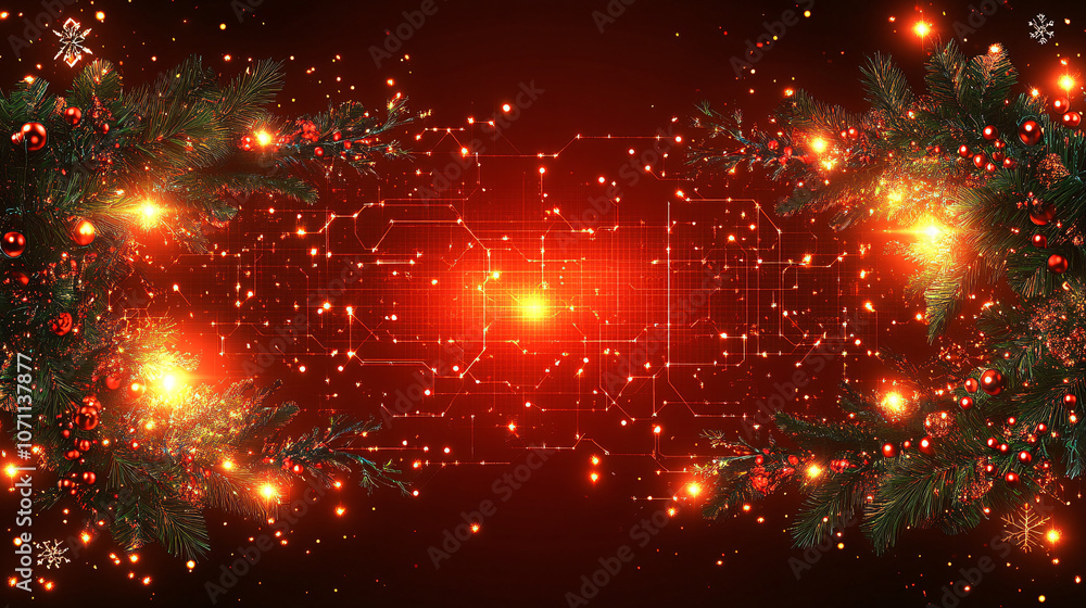 Naklejka premium A vibrant digital abstract with glowing orbs and intricate patterns, creating a captivating cosmic effect in shades of red and green.