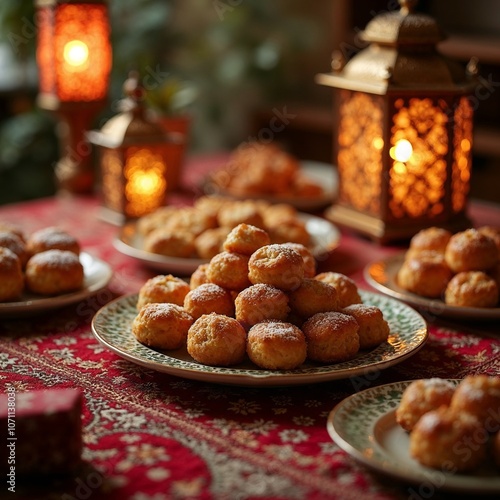 Traditional Eid sweets arranged on a beautifully decorated table with colorful lanterns and warm lighting photo