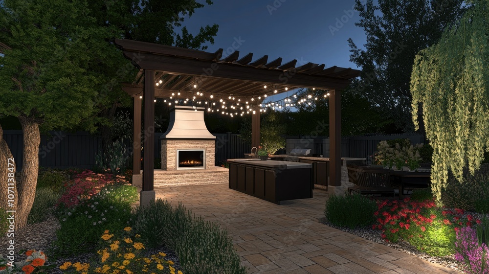 Cozy Outdoor Kitchen with String Lights at Night Cozy Outdoor Kitchen with String Lights at Night