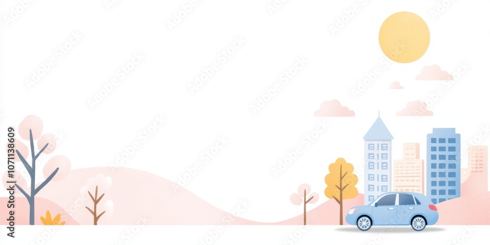 A pastel-colored illustration of a car driving through a scenic city landscape with trees and buildings under a sunny sky. A pastel-colored illustration of a car driving through a scenic city landscape with trees and buildings under a sunny sky.
