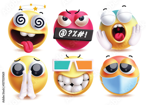 Begging emoji vector characters set. Emojis character clip art with dizzy, angry, shock, pleased, cool and sick facial expression clip art in white background. Vector illustration begging collection 