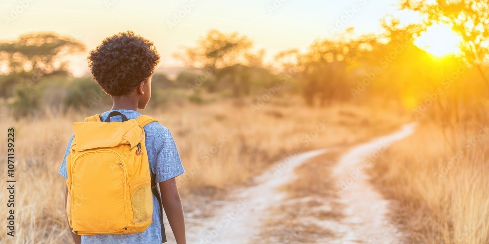 A young boy with a yellow backpack walking down a dirt path during sunset, surrounded by open fields and trees. A young boy with a yellow backpack walking down a dirt path during sunset, surrounded by open fields and trees.
