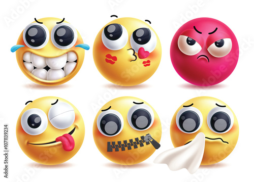 Dumb emoji clipart vector characters set. 3d emojis facial expressions like happy, kiss mark, angry, naughty, quiet and sneezing yellow clip art character in white background. Vector illustration 