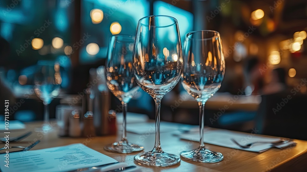 Elegant Dining Setup with Wine Glasses in Restaurant Elegant Dining Setup with Wine Glasses in Restaurant