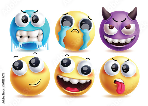 Sob emoji clipart vector characters set. Emojis cold, crying, devil, confused, happy and tired facial expression character design elements. Vector illustration sob emoji collection set.
