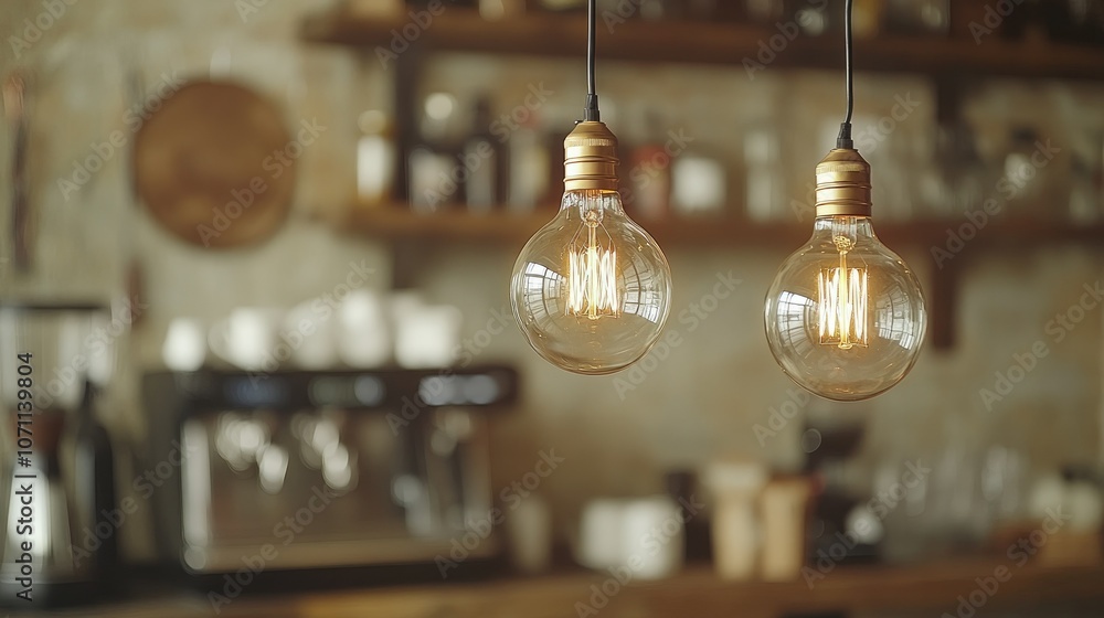 Obraz premium Cozy Cafe with Vintage Light Bulbs and Warm Atmosphere