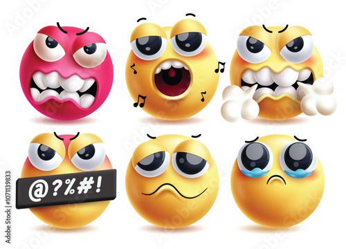 Disgusted emoji vector characters set. Emojis character collection like angry, singing, disgust, furious, disappointed and sad faces yellow clip art graphic design. Vector illustration disgust emoji 