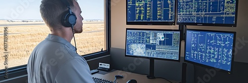 Air Traffic Controller Monitoring Flight Information on Multiple Screens Inside Airport Tower photo