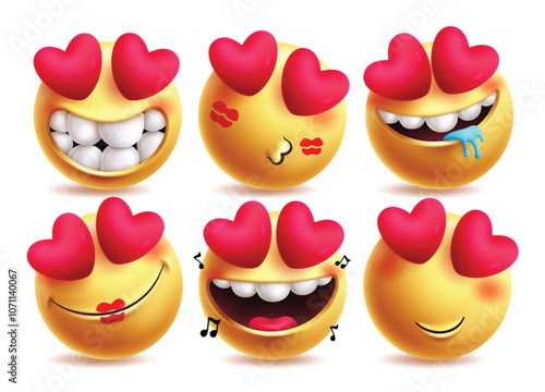Love emoji vector characters set. In love emojis with facial expressions like funny, kiss mark, obsessed, romantic, singing and attract clip art  character design elements. Vector illustration in love