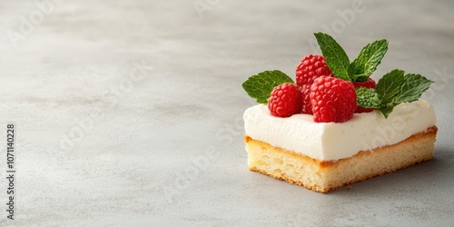 Delicious cake square topped with fresh raspberries and mint leaves on a textured gray surface. photo