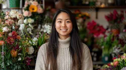 Smiling Woman in Floral Shop Surrounded by Flowers