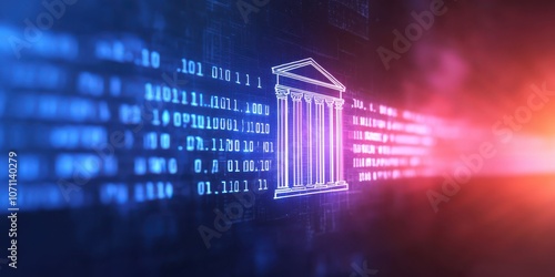 Digital bank with a blue background and glowing columns for modern financial technology.