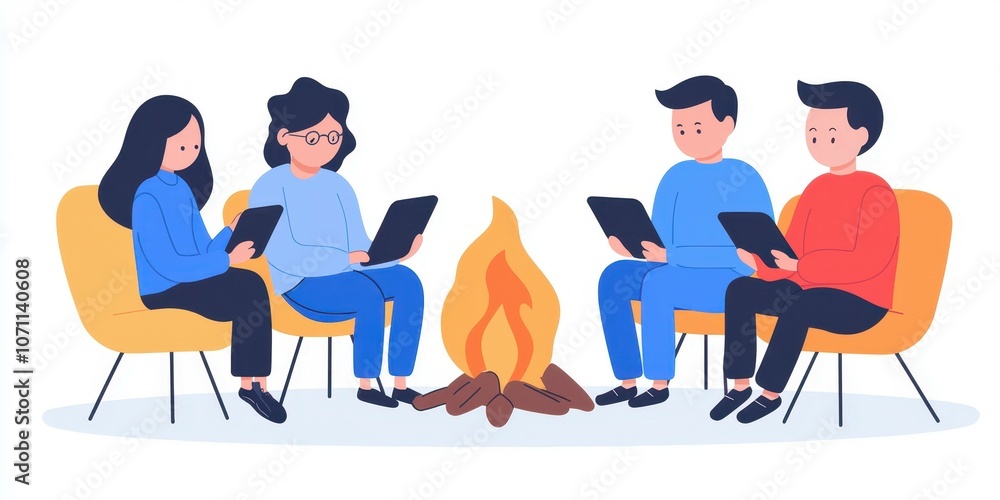 Group of friends enjoying an evening by the campfire with tablets. Group of friends enjoying an evening by the campfire with tablets.