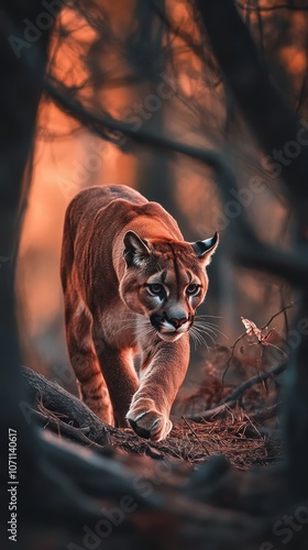 Cougar prowling through forest at sunset