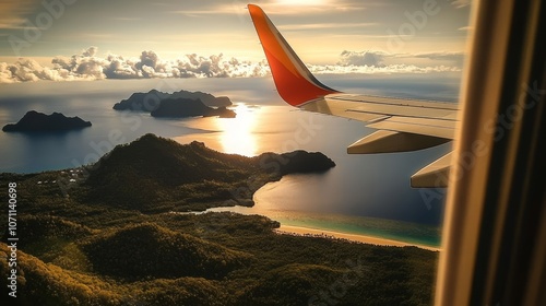 Sunset Arrival Tropical Island Paradise View from Airplane Window, Travel and Tourism Concept. photo