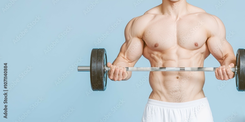 Muscular man lifting a barbell against a blue background, demonstrating strength and fitness. Muscular man lifting a barbell against a blue background, demonstrating strength and fitness.