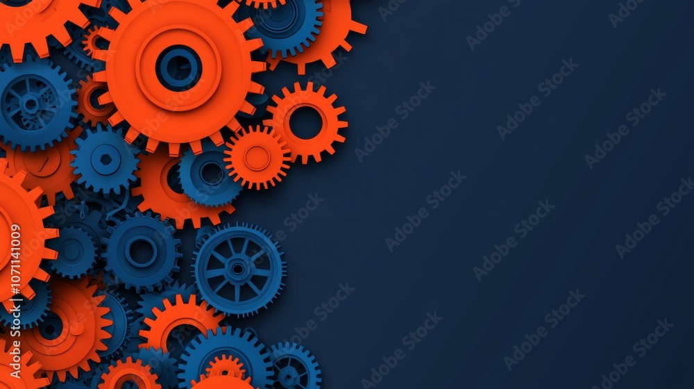 Blue and orange cogs on a dark blue background. Blue and orange cogs on a dark blue background.