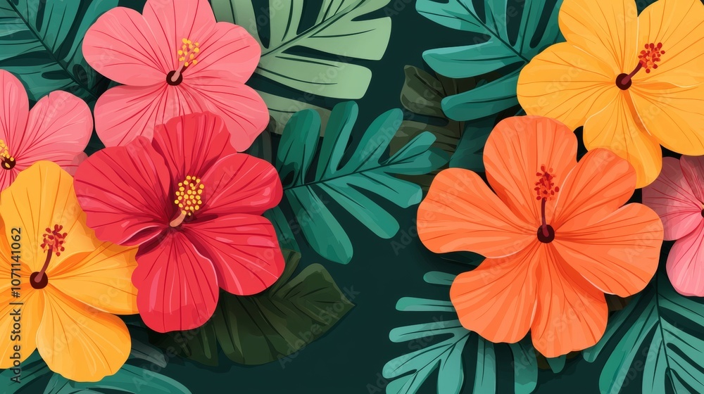 Bright, colorful hibiscus flowers and tropical leaves on a dark green background. Bright, colorful hibiscus flowers and tropical leaves on a dark green background.