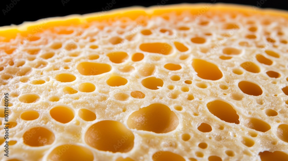 Close up of Swiss cheese with large holes and a creamy yellow texture. Close up of Swiss cheese with large holes and a creamy yellow texture.