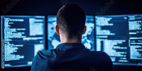 Person working on multiple computer screens with code and data analysis.