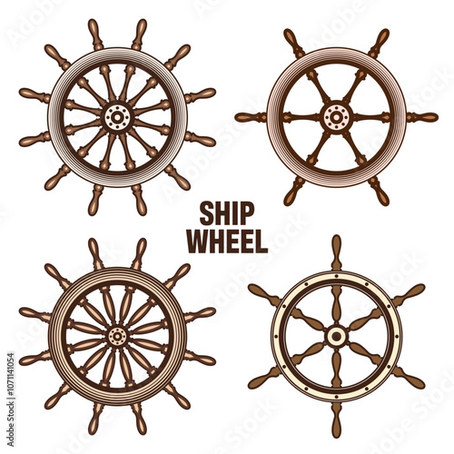 Wooden vintage steering wheels. Ship, sailboat or yacht retro wheel symbol. Brown nautical rudder icon. Marine logotype design element. Vector illustration