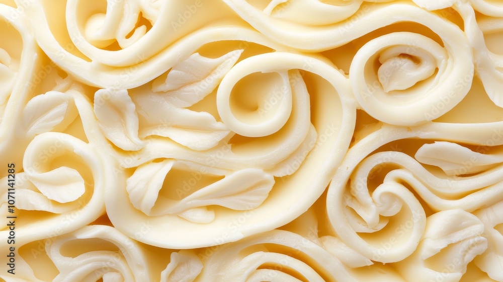Close-up of swirls and leaves in white buttercream frosting on a cake. Close-up of swirls and leaves in white buttercream frosting on a cake.