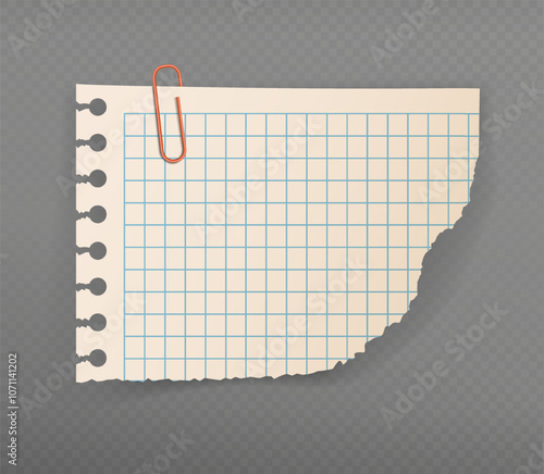 Realistic note sticky. Checkered notepad list, memo. Organizing efficient work process and goal settings. School stationery. 3D vector illustration