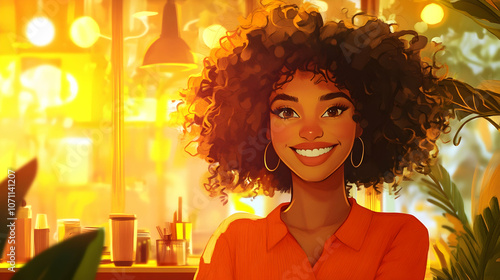 Vibrant Coffee Shop: Illustrate a woman with curly hair smiling in a vibrant, modern coffee shop, with warm lighting and a blurred background.Generated with AI 