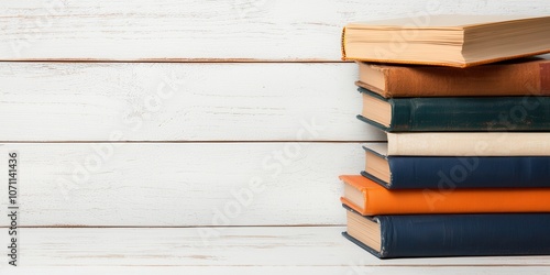 Stack of colorful books on a wooden surface, perfect for reading enthusiasts.