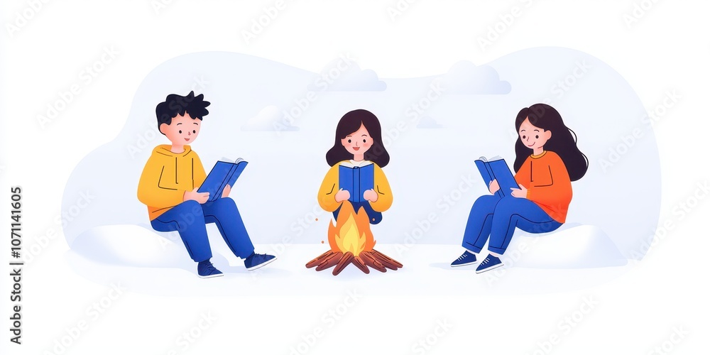 Obraz premium Three friends enjoying storytelling around a campfire in winter.