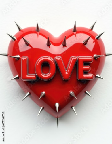 A striking red heart adorned with sharp spikes, boldly declaring love in a unique artistic expression amidst a vibrant backdrop