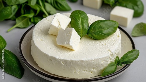 Wallpaper Mural Fresh white cheese with basil leaves on a plate. Torontodigital.ca