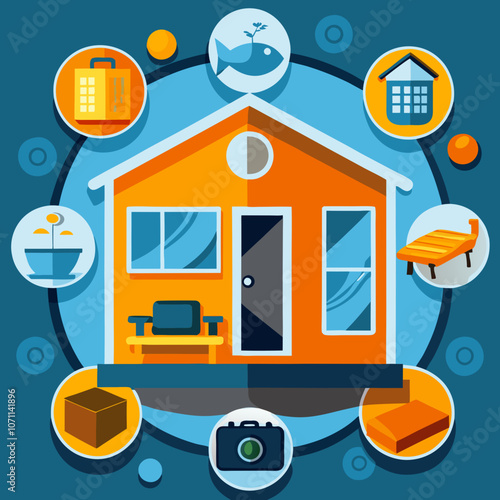 Illustration of a house surrounded by digital icons symbolizing digital mortgage services.