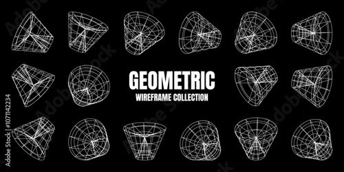 Wireframe lined shapes. Perspective mesh, 3d grid. Low poly geometric elements. Retro futuristic design elements, y2k, vaporwave and synthwave style. Vector illustration