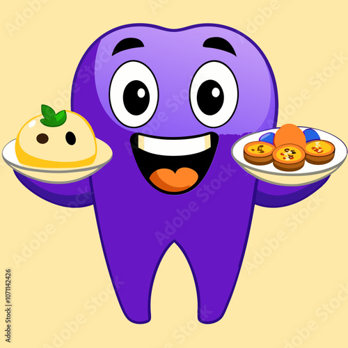 A tooth cartoon character juggling with tomato, broccoli, carrot, Meaning is the tooth be healthy by eating vegetables, illustration vector, Dental care concept.