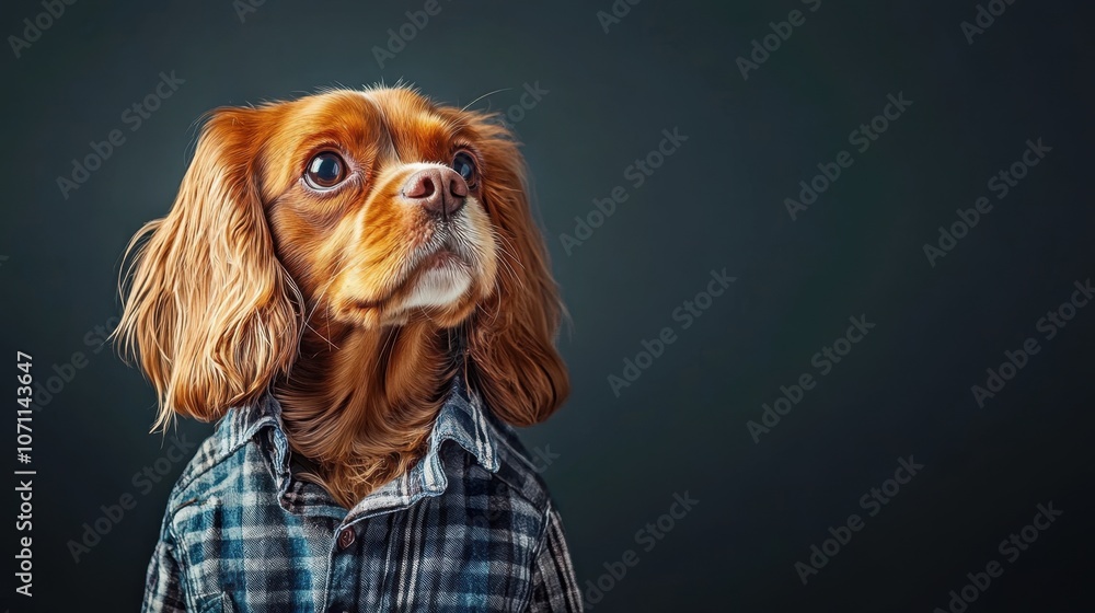 Naklejka premium Stylish Dog in Plaid Shirt Against Dark Background