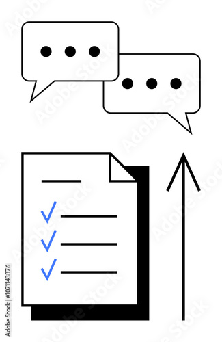 Speech bubbles hovering above a checklist with check marks and upward arrow. Ideal for productivity, collaboration, project management, task tracking, goal setting, feedback, communication. Line