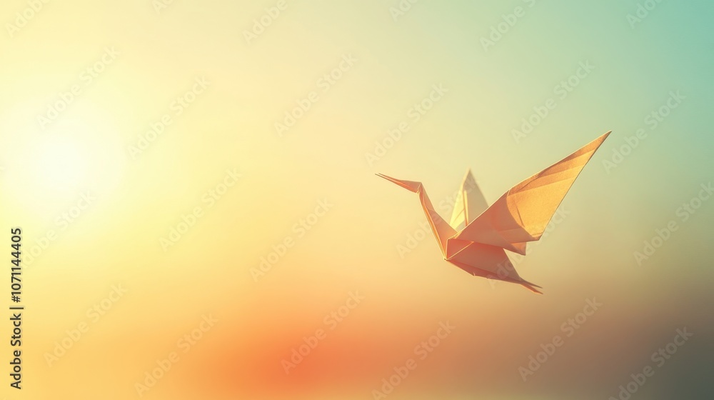 Obraz premium Elegant Origami Crane Against Soft Sunset Background