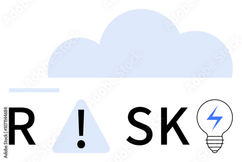 R, in triangle, SK, light bulb with lightning under overcast cloud. Ideal for risk management, innovation, weather hazards, safety warning, cloud computing strategy planning technology advances