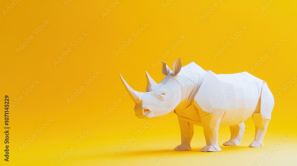 White Origami Rhino on Bright Yellow Background White Origami Rhino on Bright Yellow Background