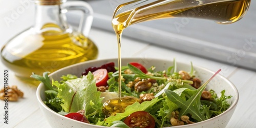 Flaxseed Oil Drizzling A closeup of golden flaxseed oil being drizzled over a salad capturing the oils smoothness and richness indicative of its omega3 content that enhances the