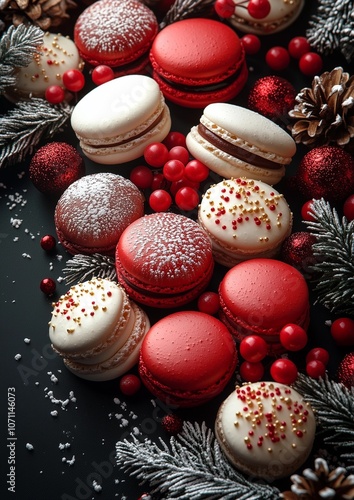 Delicious red and white Christmas macrons piled on top of pine tree leaves and pinecones and Christmas decorations on a black background