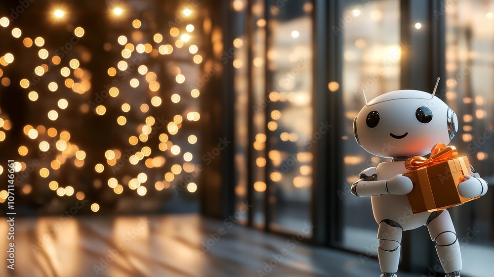 A futuristic robot graciously presents gift box near window, symbolizing technological advancement. A futuristic robot graciously presents gift box near window, symbolizing technological advancement.