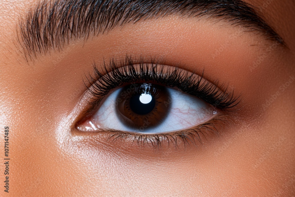 Obraz premium Detailed shot of an eye looking upwards, with soft natural lashes and detailed skin textures