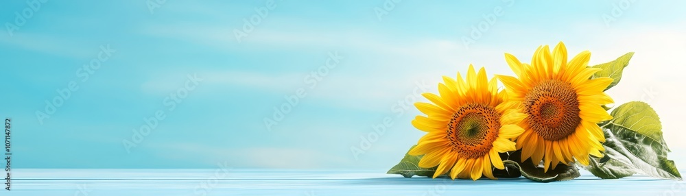 Two radiant sunflowers pop against a tranquil blue background, showcasing nature's beauty in minimalist composition. Two radiant sunflowers pop against a tranquil blue background, showcasing nature's beauty in minimalist composition.